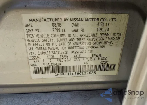 2006 Nissan Altima Se/Sl/Se-R из США, поврежденный, VIN 1N4BL11E56C112628